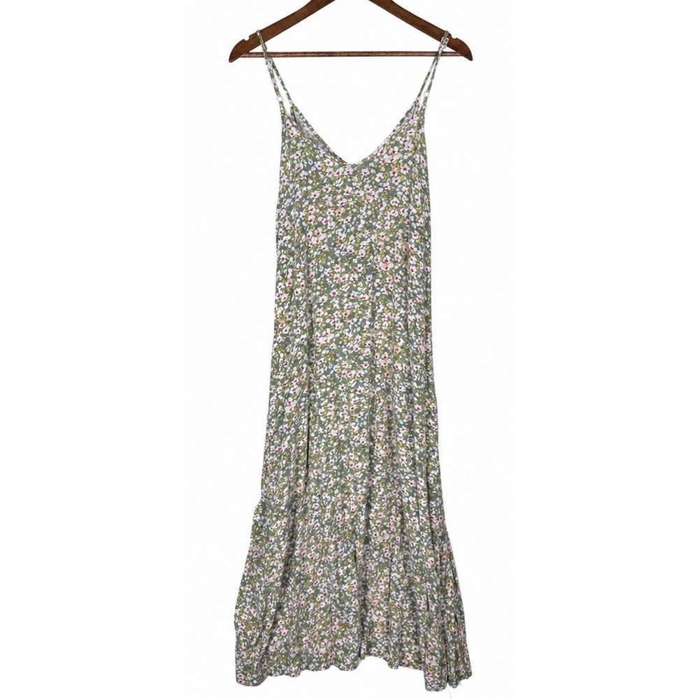 Grecerelle Floral Cottagecore Boho Slip Dress Womens Large Green Midi Ruffle Hem
